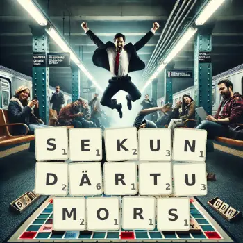 Kreative Illustration für ein Scrabble-Spiel, bei dem das Wort SEKUNDÄRTUMORS mit Steinen auf dem Brett gelegt wurde.