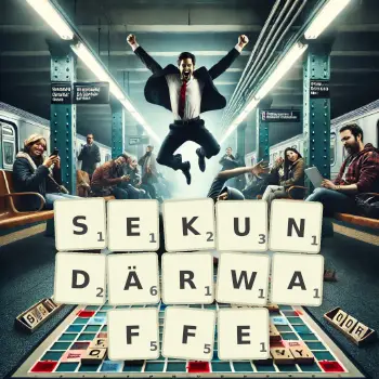 Kreative Illustration für ein Scrabble-Spiel, bei dem das Wort SEKUNDÄRWAFFE mit Steinen auf dem Brett gelegt wurde.