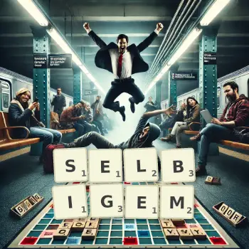 Kreative Illustration für ein Scrabble-Spiel, bei dem das Wort SELBIGEM mit Steinen auf dem Brett gelegt wurde.