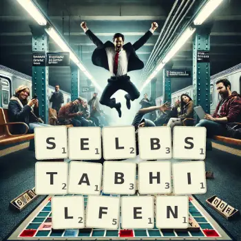 Kreative Illustration für ein Scrabble-Spiel, bei dem das Wort SELBSTABHILFEN mit Steinen auf dem Brett gelegt wurde.