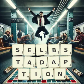 Kreative Illustration für ein Scrabble-Spiel, bei dem das Wort SELBSTADAPTION mit Steinen auf dem Brett gelegt wurde.