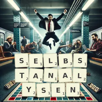 Kreative Illustration für ein Scrabble-Spiel, bei dem das Wort SELBSTANALYSEN mit Steinen auf dem Brett gelegt wurde.