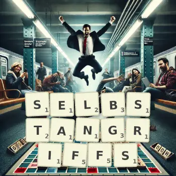 Kreative Illustration für ein Scrabble-Spiel, bei dem das Wort SELBSTANGRIFFS mit Steinen auf dem Brett gelegt wurde.