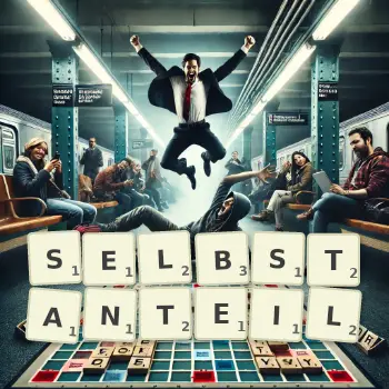 Kreative Illustration für ein Scrabble-Spiel, bei dem das Wort SELBSTANTEIL mit Steinen auf dem Brett gelegt wurde.