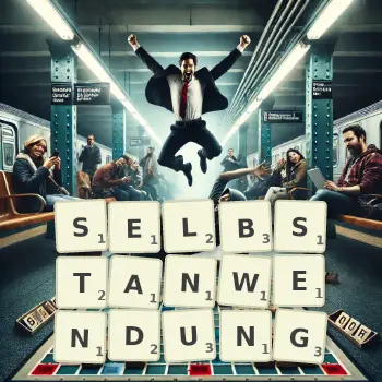 Kreative Illustration für ein Scrabble-Spiel, bei dem das Wort SELBSTANWENDUNG mit Steinen auf dem Brett gelegt wurde.