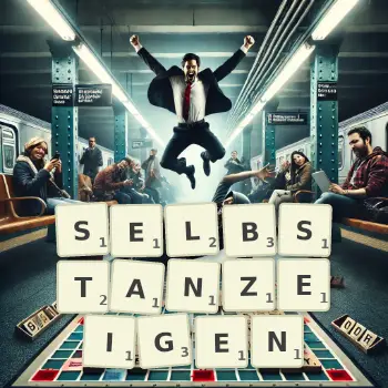 Kreative Illustration für ein Scrabble-Spiel, bei dem das Wort SELBSTANZEIGEN mit Steinen auf dem Brett gelegt wurde.