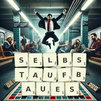 Kreative Illustration für ein Scrabble-Spiel, bei dem das Wort SELBSTAUFBAUES mit Steinen auf dem Brett gelegt wurde.