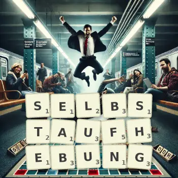 Kreative Illustration für ein Scrabble-Spiel, bei dem das Wort SELBSTAUFHEBUNG mit Steinen auf dem Brett gelegt wurde.