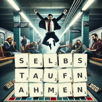 Kreative Illustration für ein Scrabble-Spiel, bei dem das Wort SELBSTAUFNAHMEN mit Steinen auf dem Brett gelegt wurde.