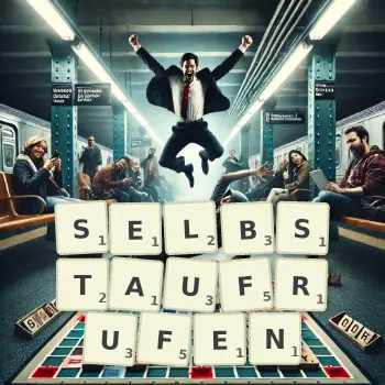 Kreative Illustration für ein Scrabble-Spiel, bei dem das Wort SELBSTAUFRUFEN mit Steinen auf dem Brett gelegt wurde.
