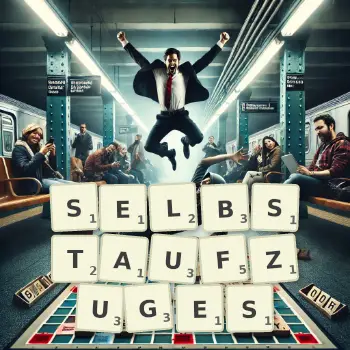 Kreative Illustration für ein Scrabble-Spiel, bei dem das Wort SELBSTAUFZUGES mit Steinen auf dem Brett gelegt wurde.