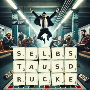 Kreative Illustration für ein Scrabble-Spiel, bei dem das Wort SELBSTAUSDRUCKE mit Steinen auf dem Brett gelegt wurde.