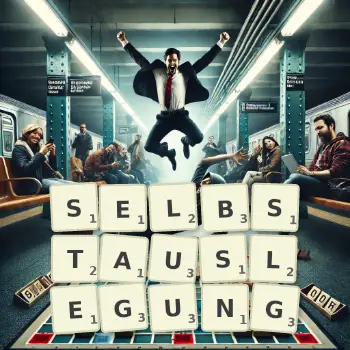 Kreative Illustration für ein Scrabble-Spiel, bei dem das Wort SELBSTAUSLEGUNG mit Steinen auf dem Brett gelegt wurde.