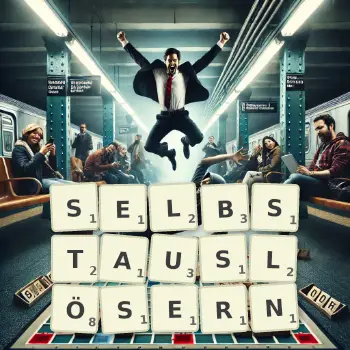 Kreative Illustration für ein Scrabble-Spiel, bei dem das Wort SELBSTAUSLÖSERN mit Steinen auf dem Brett gelegt wurde.