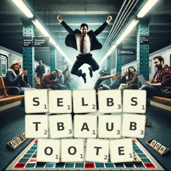 Kreative Illustration für ein Scrabble-Spiel, bei dem das Wort SELBSTBAUBOOTE mit Steinen auf dem Brett gelegt wurde.