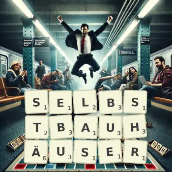 Kreative Illustration für ein Scrabble-Spiel, bei dem das Wort SELBSTBAUHÄUSER mit Steinen auf dem Brett gelegt wurde.