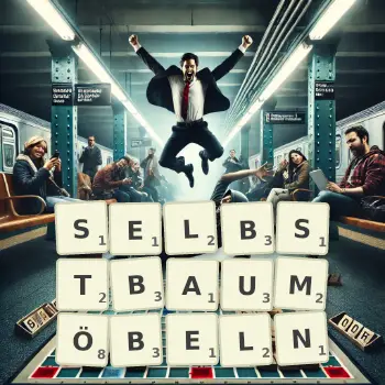 Kreative Illustration für ein Scrabble-Spiel, bei dem das Wort SELBSTBAUMÖBELN mit Steinen auf dem Brett gelegt wurde.