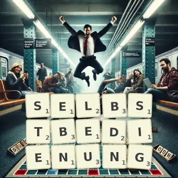 Kreative Illustration für ein Scrabble-Spiel, bei dem das Wort SELBSTBEDIENUNG mit Steinen auf dem Brett gelegt wurde.