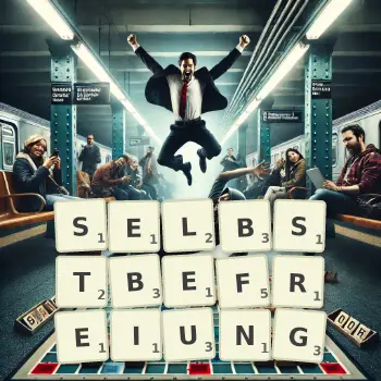 Kreative Illustration für ein Scrabble-Spiel, bei dem das Wort SELBSTBEFREIUNG mit Steinen auf dem Brett gelegt wurde.