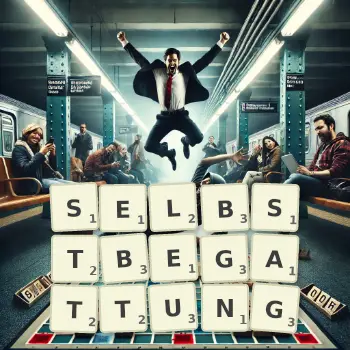Kreative Illustration für ein Scrabble-Spiel, bei dem das Wort SELBSTBEGATTUNG mit Steinen auf dem Brett gelegt wurde.