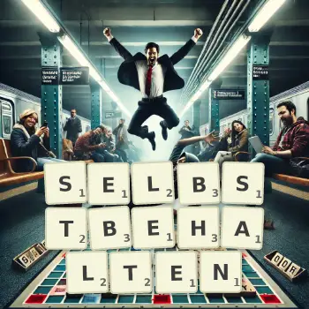 Kreative Illustration für ein Scrabble-Spiel, bei dem das Wort SELBSTBEHALTEN mit Steinen auf dem Brett gelegt wurde.