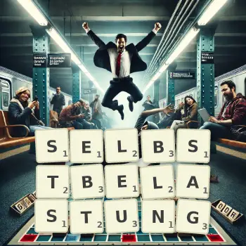 Kreative Illustration für ein Scrabble-Spiel, bei dem das Wort SELBSTBELASTUNG mit Steinen auf dem Brett gelegt wurde.