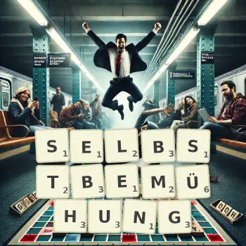 Kreative Illustration für ein Scrabble-Spiel, bei dem das Wort SELBSTBEMÜHUNG mit Steinen auf dem Brett gelegt wurde.