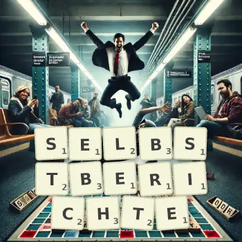 Kreative Illustration für ein Scrabble-Spiel, bei dem das Wort SELBSTBERICHTE mit Steinen auf dem Brett gelegt wurde.