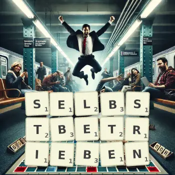 Kreative Illustration für ein Scrabble-Spiel, bei dem das Wort SELBSTBETRIEBEN mit Steinen auf dem Brett gelegt wurde.