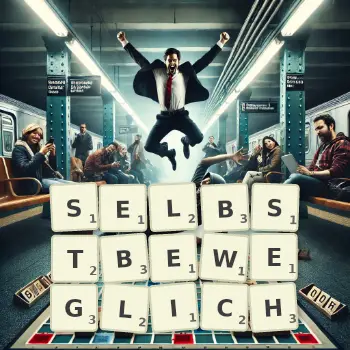 Kreative Illustration für ein Scrabble-Spiel, bei dem das Wort SELBSTBEWEGLICH mit Steinen auf dem Brett gelegt wurde.