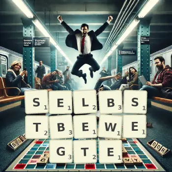 Kreative Illustration für ein Scrabble-Spiel, bei dem das Wort SELBSTBEWEGTE mit Steinen auf dem Brett gelegt wurde.