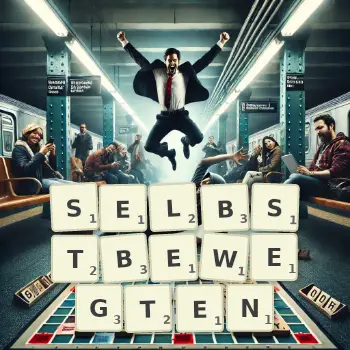 Kreative Illustration für ein Scrabble-Spiel, bei dem das Wort SELBSTBEWEGTEN mit Steinen auf dem Brett gelegt wurde.