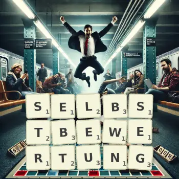Kreative Illustration für ein Scrabble-Spiel, bei dem das Wort SELBSTBEWERTUNG mit Steinen auf dem Brett gelegt wurde.