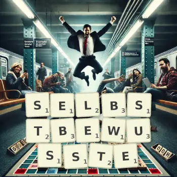 Kreative Illustration für ein Scrabble-Spiel, bei dem das Wort SELBSTBEWUSSTE mit Steinen auf dem Brett gelegt wurde.
