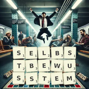 Kreative Illustration für ein Scrabble-Spiel, bei dem das Wort SELBSTBEWUSSTEM mit Steinen auf dem Brett gelegt wurde.