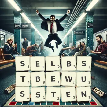 Kreative Illustration für ein Scrabble-Spiel, bei dem das Wort SELBSTBEWUSSTEN mit Steinen auf dem Brett gelegt wurde.