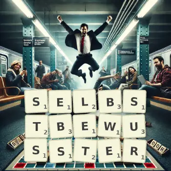 Kreative Illustration für ein Scrabble-Spiel, bei dem das Wort SELBSTBEWUSSTER mit Steinen auf dem Brett gelegt wurde.