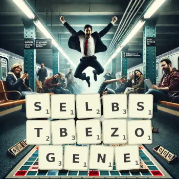 Kreative Illustration für ein Scrabble-Spiel, bei dem das Wort SELBSTBEZOGENE mit Steinen auf dem Brett gelegt wurde.