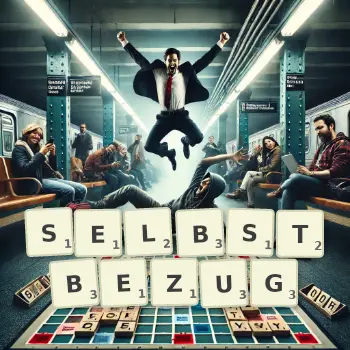 Kreative Illustration für ein Scrabble-Spiel, bei dem das Wort SELBSTBEZUG mit Steinen auf dem Brett gelegt wurde.