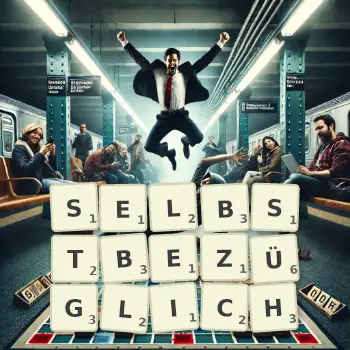 Kreative Illustration für ein Scrabble-Spiel, bei dem das Wort SELBSTBEZÜGLICH mit Steinen auf dem Brett gelegt wurde.