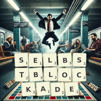 Kreative Illustration für ein Scrabble-Spiel, bei dem das Wort SELBSTBLOCKADE mit Steinen auf dem Brett gelegt wurde.