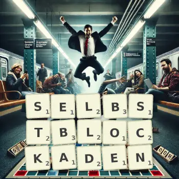 Kreative Illustration für ein Scrabble-Spiel, bei dem das Wort SELBSTBLOCKADEN mit Steinen auf dem Brett gelegt wurde.