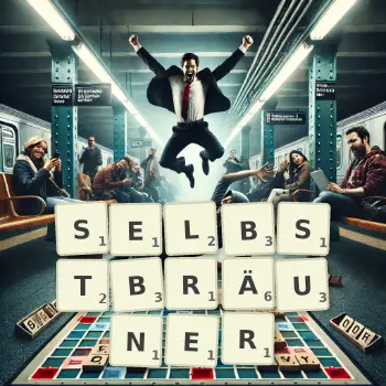 Kreative Illustration für ein Scrabble-Spiel, bei dem das Wort SELBSTBRÄUNER mit Steinen auf dem Brett gelegt wurde.