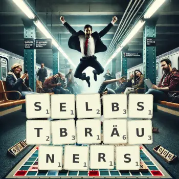 Kreative Illustration für ein Scrabble-Spiel, bei dem das Wort SELBSTBRÄUNERS mit Steinen auf dem Brett gelegt wurde.