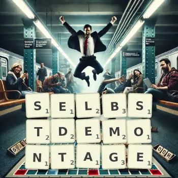 Kreative Illustration für ein Scrabble-Spiel, bei dem das Wort SELBSTDEMONTAGE mit Steinen auf dem Brett gelegt wurde.