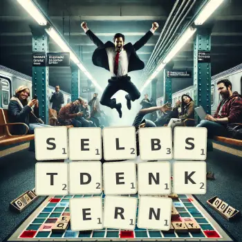 Kreative Illustration für ein Scrabble-Spiel, bei dem das Wort SELBSTDENKERN mit Steinen auf dem Brett gelegt wurde.