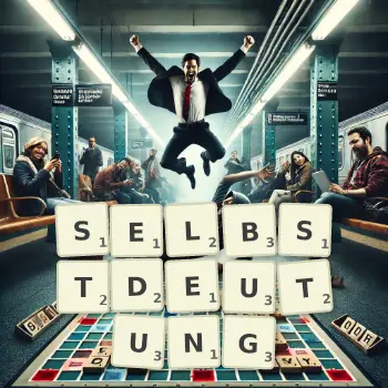 Kreative Illustration für ein Scrabble-Spiel, bei dem das Wort SELBSTDEUTUNG mit Steinen auf dem Brett gelegt wurde.