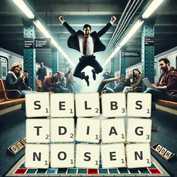 Kreative Illustration für ein Scrabble-Spiel, bei dem das Wort SELBSTDIAGNOSEN mit Steinen auf dem Brett gelegt wurde.