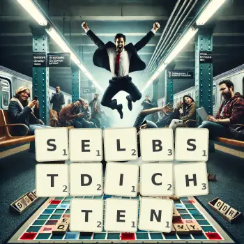 Kreative Illustration für ein Scrabble-Spiel, bei dem das Wort SELBSTDICHTEN mit Steinen auf dem Brett gelegt wurde.