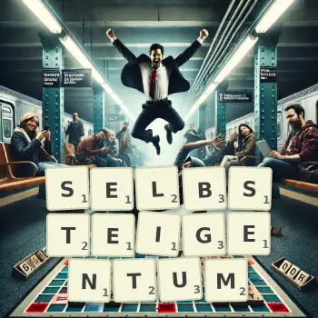 Kreative Illustration für ein Scrabble-Spiel, bei dem das Wort SELBSTEIGENTUM mit Steinen auf dem Brett gelegt wurde.